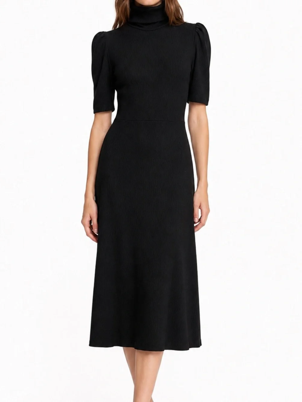 Zara Ribbed Knit Turtleneck Fit & Flare Midi Dress Black Size M - Picture 1 of 6